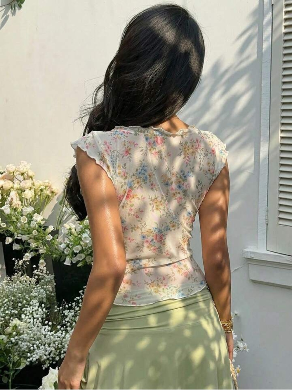 Cream Floral Ruffle V-Neck Top with Light Green Skirt - Picture 2 of 6